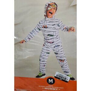 Kids Glows Under Blacklight Mummy Costume Size M (8) Includes Hooded Jumpsuit